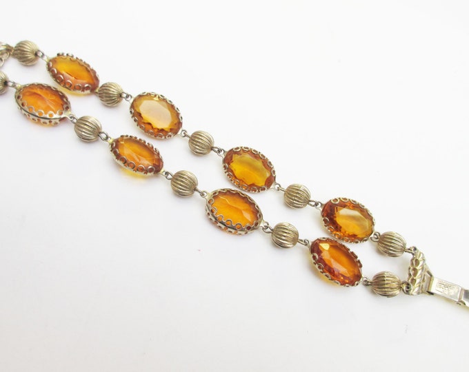 Glass Stone link bracelet- Pegasus Coro Signed - Amber yellow crystal - mid century Bangle