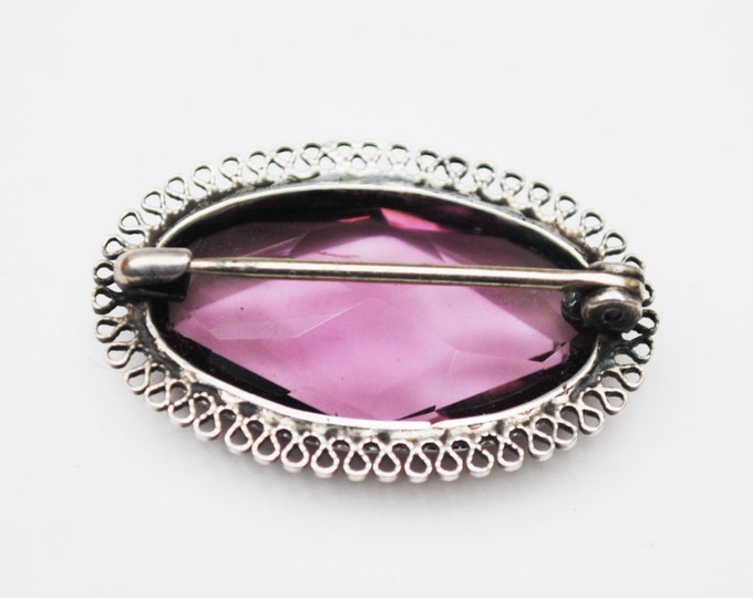 Sterling Brooch with Amethyst Purple Glass silver lace filigree pin