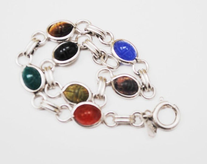 Sterling Egyptian Revival Scarab Link Bracelet - colorful Gemstones - Signed AMCO
