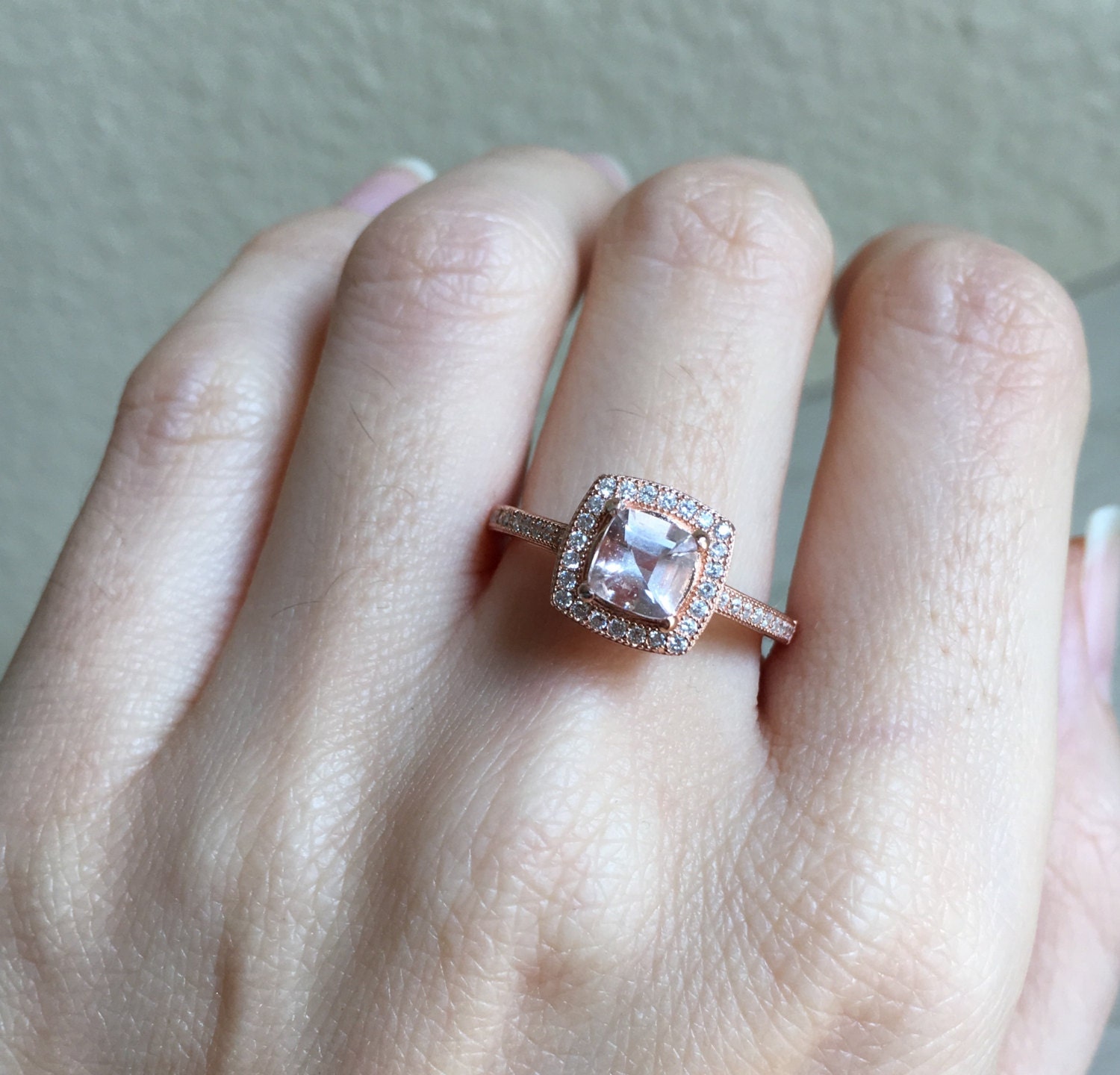 Square Halo Engagement Ring Pink Stone Ring Square