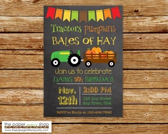Tractors, Pumpkins, Bales of Hay Birthday Chalkboard Invitation | Green Tractor Invitation | Fall Birthday Invitation | Tractor Invite