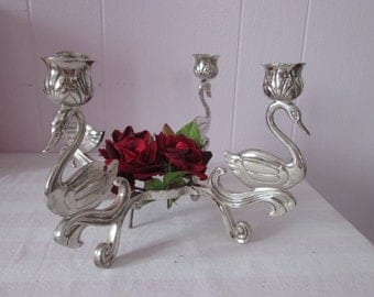 Vintage Chandelier 4 silver Swan / Vintage Chandelier 4 silver swans