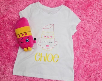 Shopkins Lipstick Embroidered Shirt, Girls Shirt, Lipstick, Shopkins Shirt, Shopkins, Pink And Yellow, Lipstick Design, Lipstick Girl, Pink