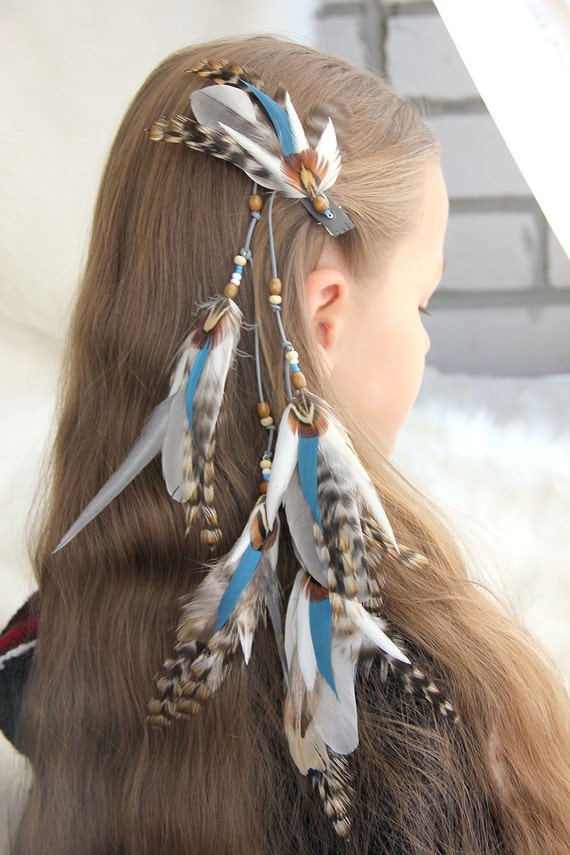 Blue Feather Hair Clip Light Blue and White Hair Extension