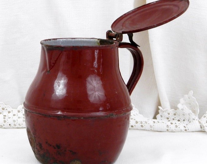 Antique French Farmhouse Chocolate Brown Enamelware Lidded Milk Jug, French Country Decor, Primitive Enamelware, Retro Pitcher, Rustic Home Antique French Farmhouse Chocolate Brown Enamelware Lidded Milk Jug, French Country Decor, Primitive Enamelware, Retro Pitcher, Rustic Home
