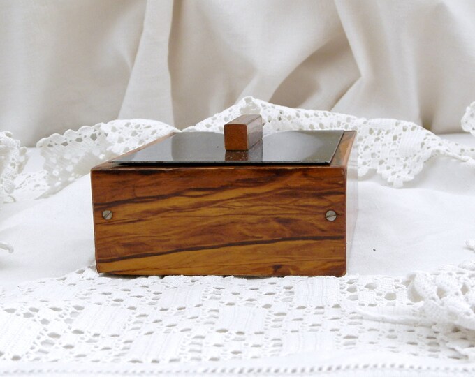 Vintage French 1960s Mid Century Modern Veneered Wood and Stainless Steel Box with Mirrored Base, Retro 60s Jewelry Trinket Container