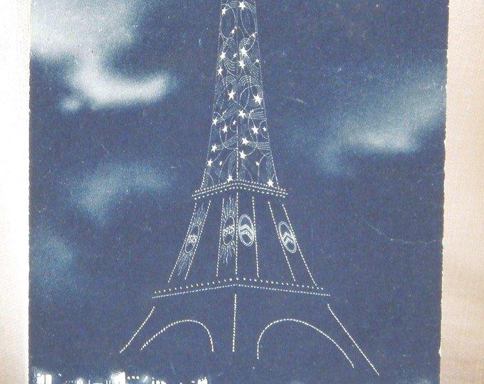 Antique Art Deco French Unused Black and White Postcard, Illuminated Eiffel Tower Philips Publicity / Parisian Souvenir Retro Vintage Home