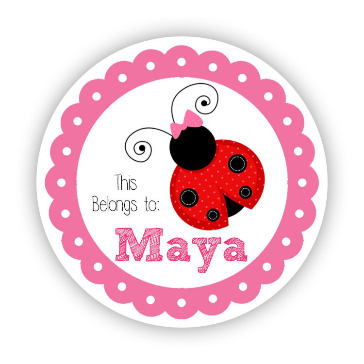 name tag stickers pink and black polka dot ladybug