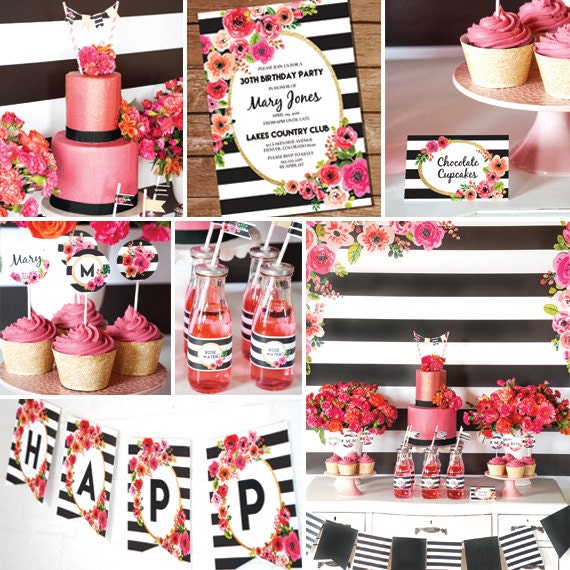Black And White Stripe Party Decorations Watercolor Floral