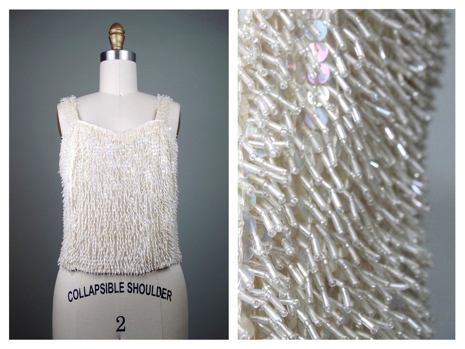 Vintage Bugle Beaded Crop Top // Heavily Embellished Top w/