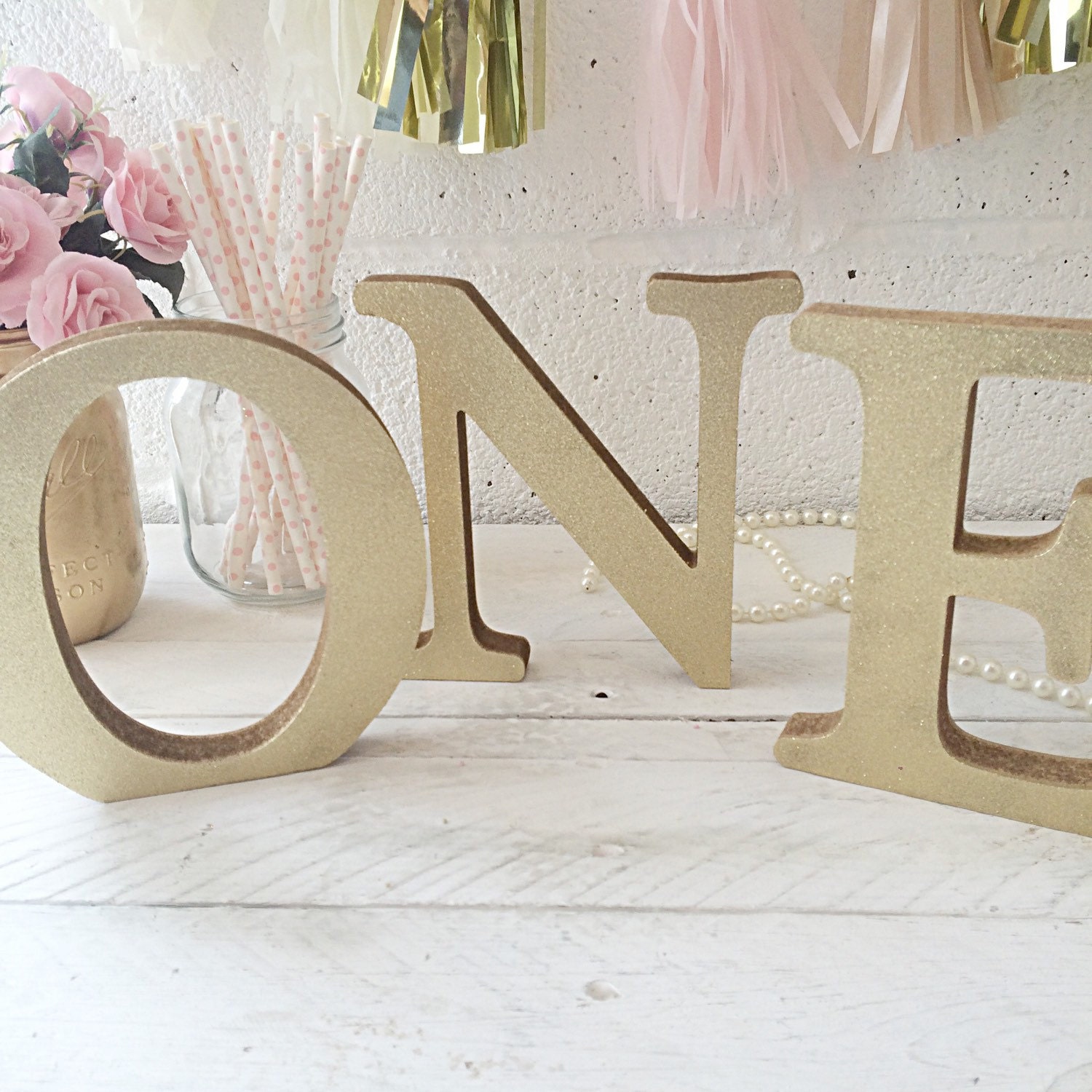 Gold glitter ONE first birthday letter props wooden letters