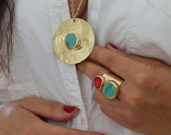 Turquoise Jewelry, Statement Turquoise Ring, December Birthstone, Gemstone Ring, Boho chic Ring, Coral and Turquoise Unique Gold ring.
