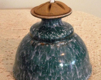 Stoneware Oil Lamp. Teal Speckle Pottery Oil Lamp, Vintage country stoneware oil lamp