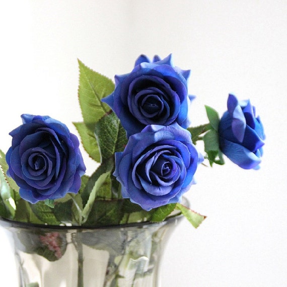 Real Touch Cobalt Blue Roses Single Silk Royal Blue Flower 20