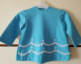 1960s 1970s Original Vintage Girls Dress Turquoise and white lace Modette (4895)