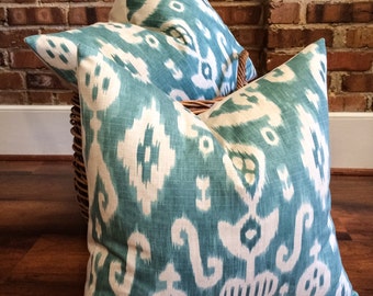 Turquoise, Aqua Ikat Pillow- Turquoise Blue and Cream Ikat Designer Pillow Cover- Accent Pillow- Throw Pillow- Holds 22" Insert