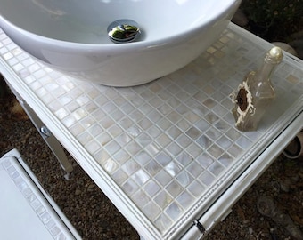 Bathroom Vanity, White, Shabby Chic, Farmhouse, Cottage, Vintage, Antique, upcycled, Mosaic, Mother of Pearl, vessel, faucet