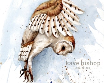 Barn Owl Watercolor Painting, Owl Landing, Animal, Bird Art, Nursery Art, Owl Painting, Owl Wall Art, Owl Decor, Owl Print, Owl Watercolor