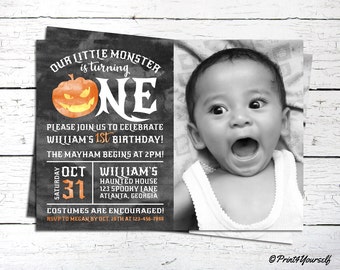 Halloween Birthday Invitation // Personalized Printable Our Little Monster 1st Birthday Photo Invitation // 1st Birthday