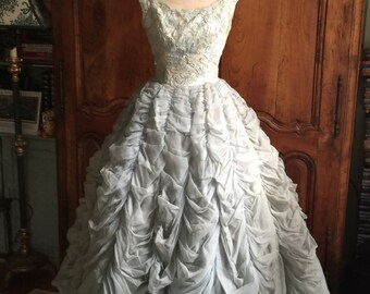 50s Wedding Dress/Vintage 1950s Ball Gown Dove Grey Blue Couture Full Chiffon Beaded Princess Costume 50s Wedding Gown Prom Dress Theatre