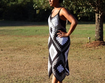 Black, White, and Grey Granny Square Dress - Beach Dress - Swimsuit Cover-up