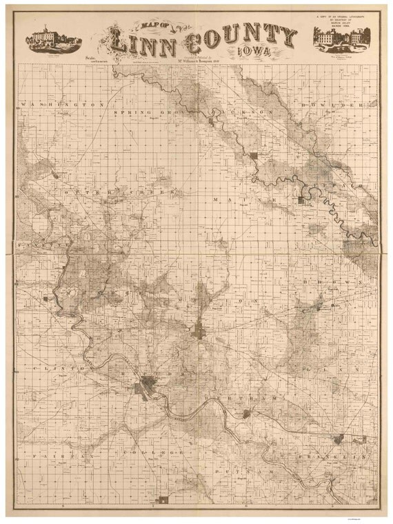 Linn County Iowa 1859 Old Wall Map with Landowner Names Farm