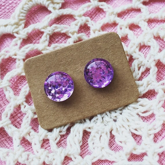FREE SHIPPING - Glitter Earrings - Glass Stud - Surgical Steel - Purple Glitter - Handmade - Sparkle Gold Green Silver Red Blue