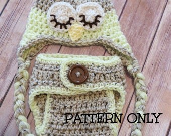Crochet PATTERN Digital File, Crochet Sleepy Eye Newborn Owl hat diaper cover, **PATTERN** photo props, Easy to follow, photos to guide