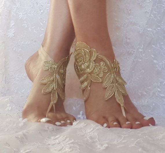 Gold lace wedding shoe beach sandals barefoot lace free ship bridal burlesque wedding shoe sexy bellydance show party