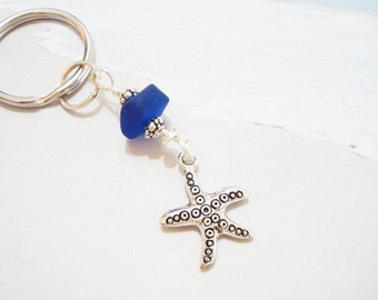 STARFISH KEYCHAIN with cobalt blue cultured sea glass - Read "item details" below - see add on upgrade section to add initial charm
