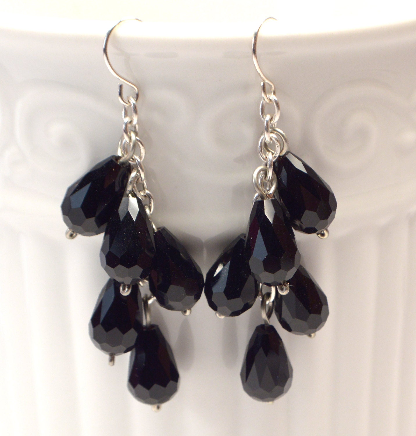 Black Dangle Earrings Jet Black Crystal Drops Black Sparkle