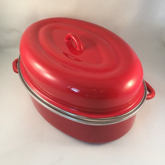 Vintage Enamelware Red Color Roaster with Lid and 2 Handles