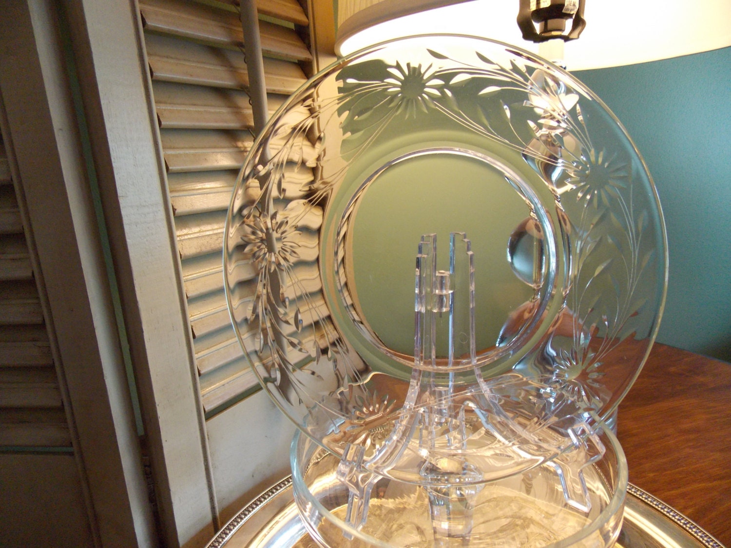 Vintage Set of Six GLASS DESSERT PLATES Etched Glass