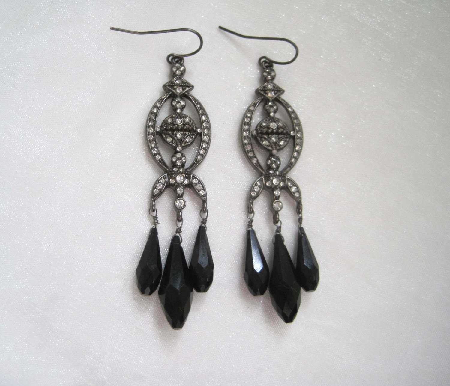 Ralph Lauren Rhinestone Earrings Dangly Black Diamond Beads