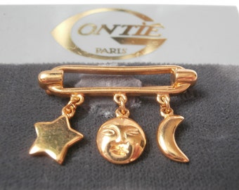 Signed Gontie Paris Pin Brooch 1329 Gold Plated with Solar Charms New (D)