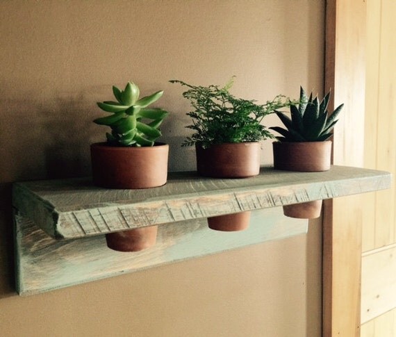 Small Wood  Shelf Terracotta Pot  Plant Holder by CrowBarDsigns