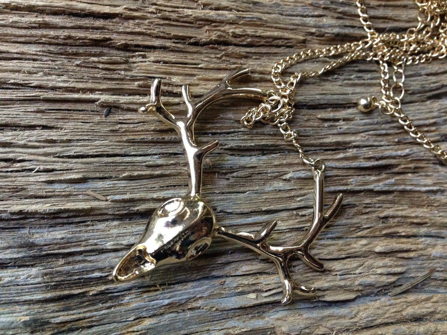 Gold deer head necklace deer skull bone collector long