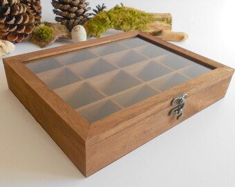 Wooden tea box with glass display- Mahagony colored bamboo wood- 16 compartments display box- storage box, herbs box- Help us plant 1 Tree
