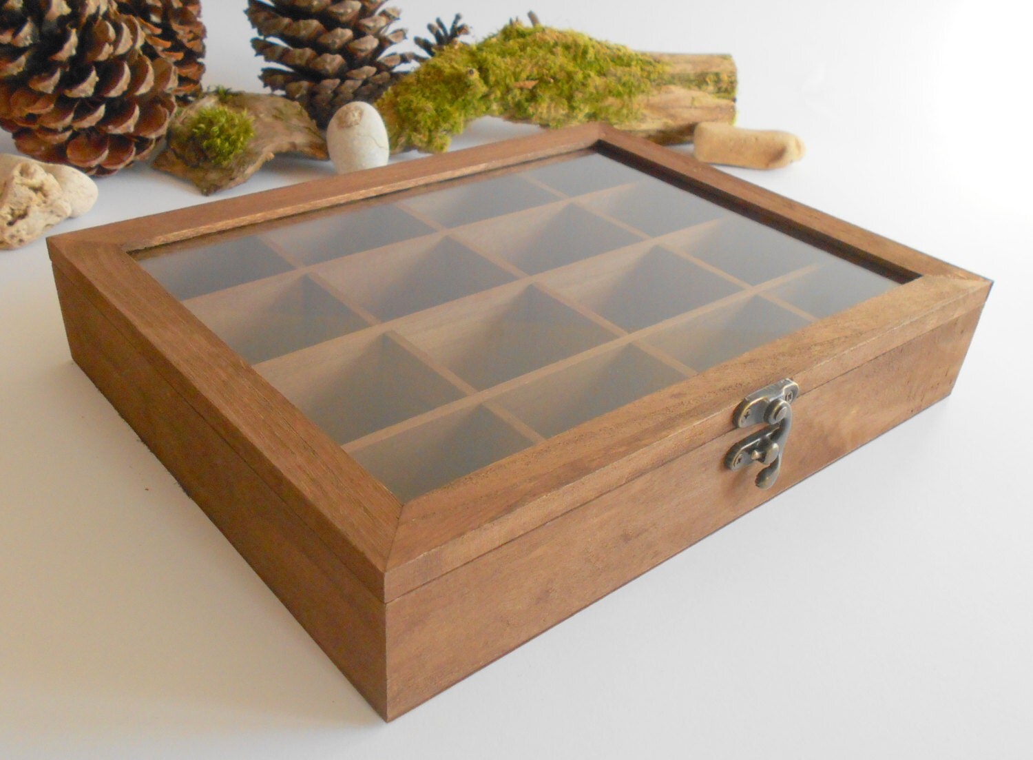 Wooden tea box with glass display Mahagony colored bamboo