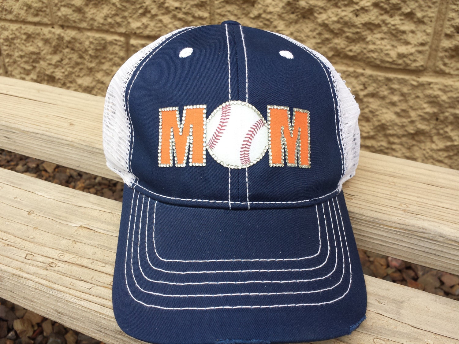 Rhinestone Baseball Mom Hat Orange and Navy Team by CapsbyKari
