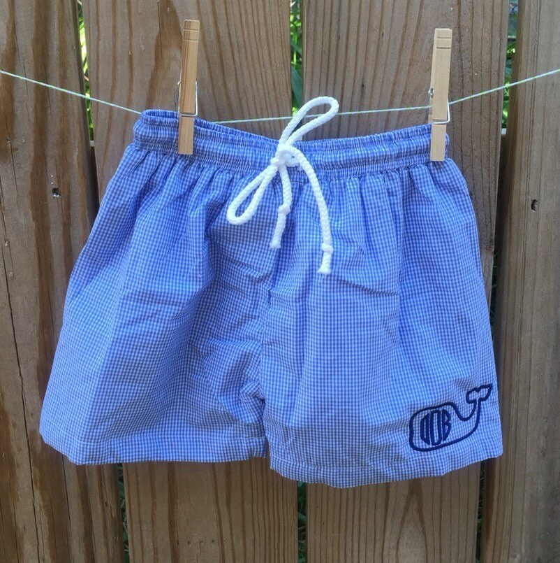 Boys Monogrammed Gingham Swim Trunks