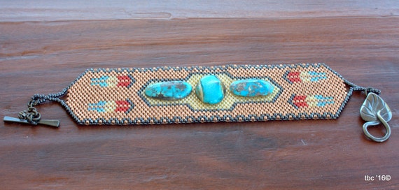 Beadwork Beaded Bracelet - One of a Kind - Bead Woven Cuff -Turquoise Stone - Peyote Beadwork Bracelet .OOAK - Southwest Design