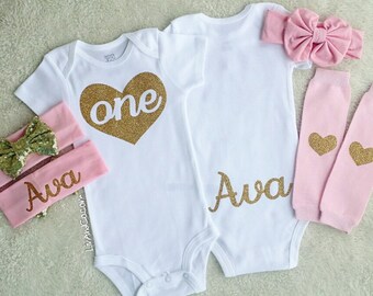 One Year Old Girl Birthday Outfit, Personalized Girl First Birthday Outfit, 1st Birthday Shirt, Pink 1st Birthday Girl Outfit, © Liv & Co.™