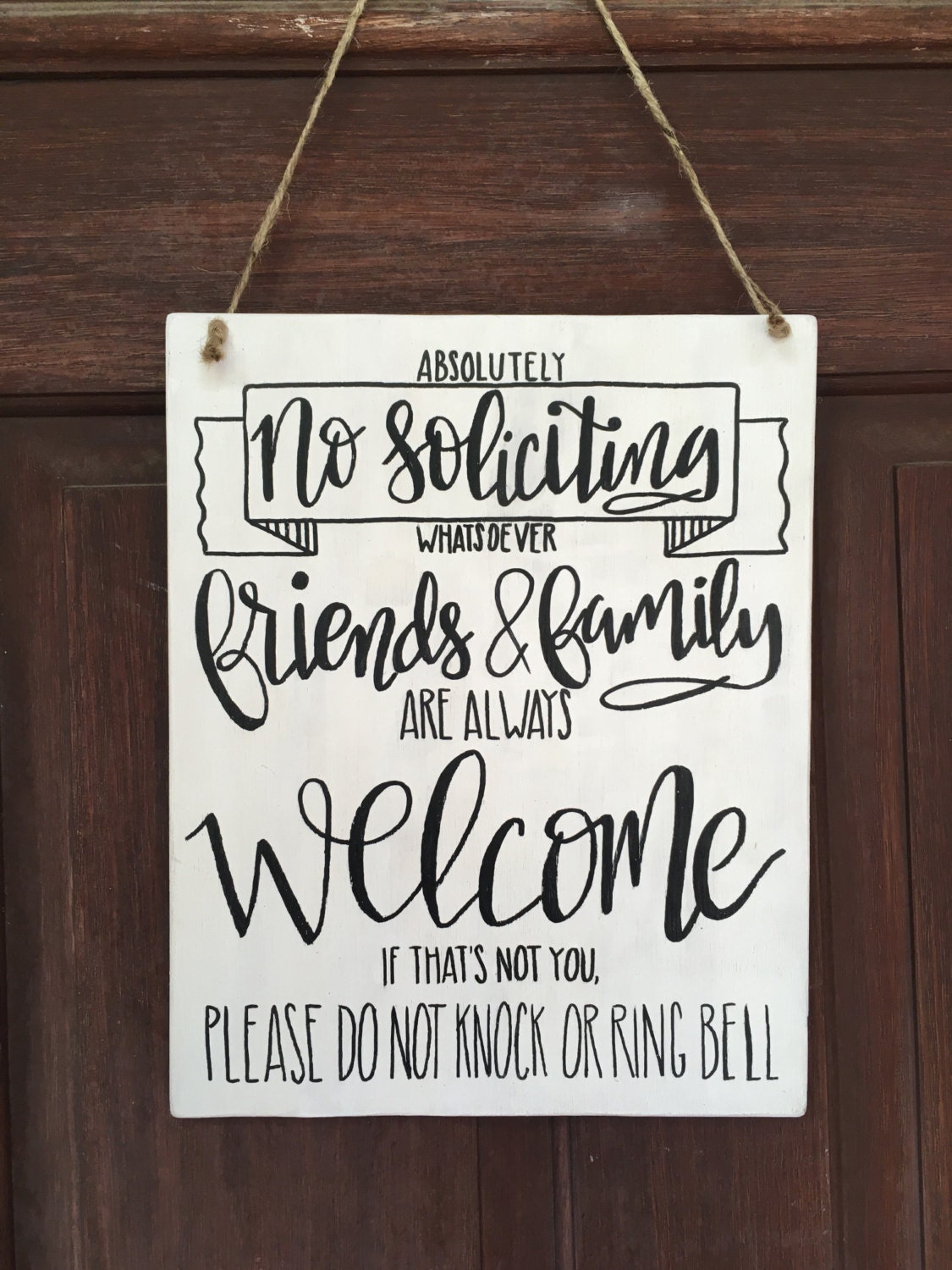 no soliciting front door wood sign friends and family