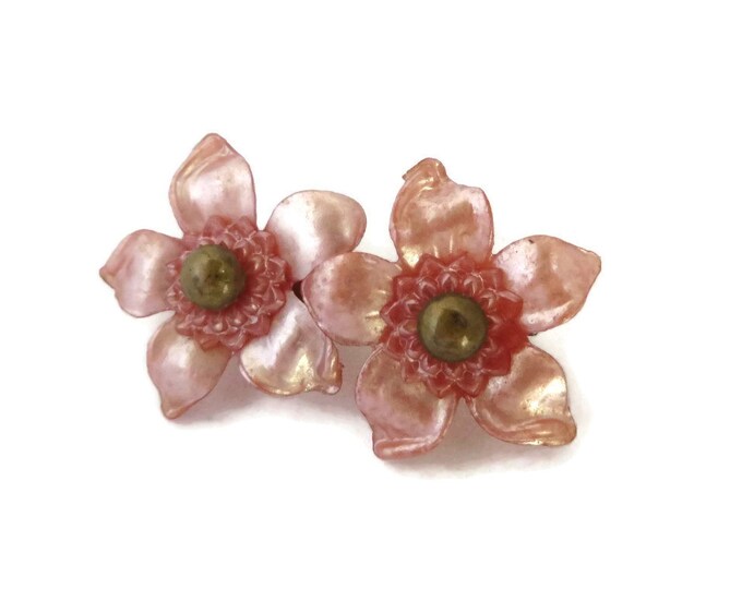 Vintage Brooch - Art Deco Celluloid Brooch, Pink Frost Carved Double Flower Pin, Gift for Her, Gift Box