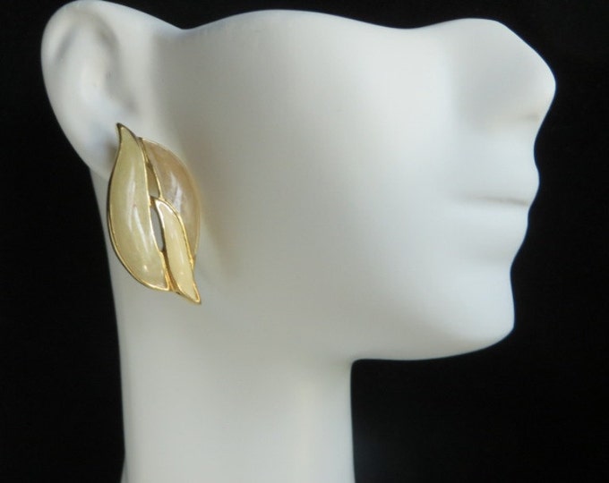 Vintage Trifari Earrings - Cream Enamel Pierced Earrings, Gold Tone Leaf Studs, Gift for Her, Gift Box