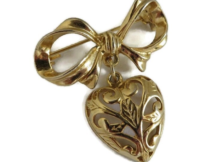 Dangling Heart Brooch, Vintage Gold Tone Bow and Heart Pin