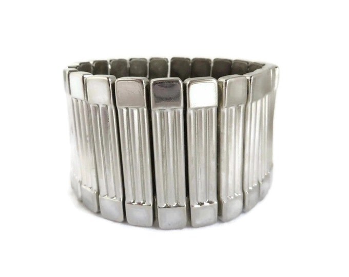 Vintage Expansion Bracelet | Chunky Silver Tone Bracelet - Ribbed Wide Band Cuff