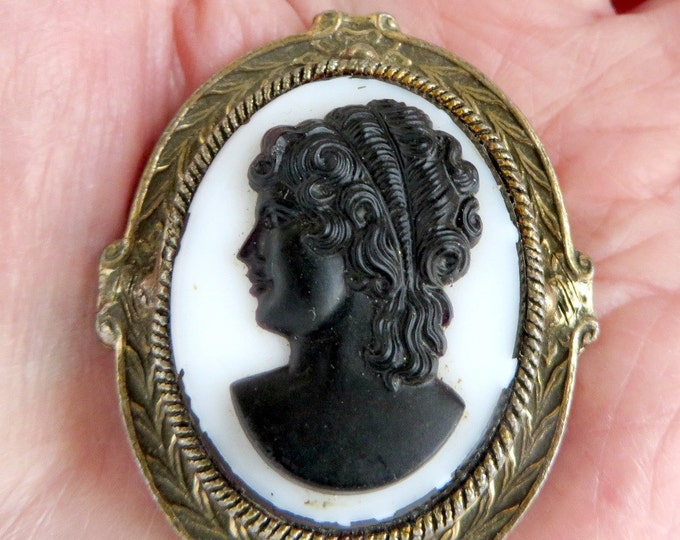 Vintage Cameo Brooch, Black & White Cameo Pendant, Gold Tone Pin-Pendant