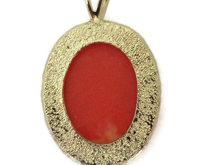 Cameo Pendant Necklace - Vintage Cream & Coral Orange Pendant, Gold Tone Necklace